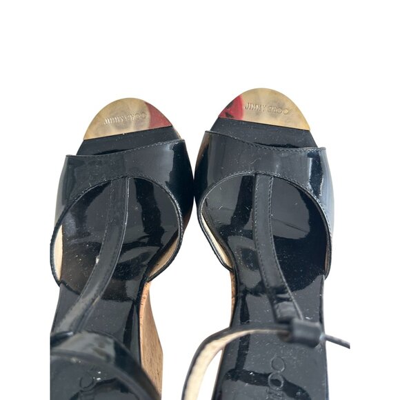 JIMMY CHOO Black Patent Leather Cork Wedges Sandals Size 36.5 - Picture 11 of 16